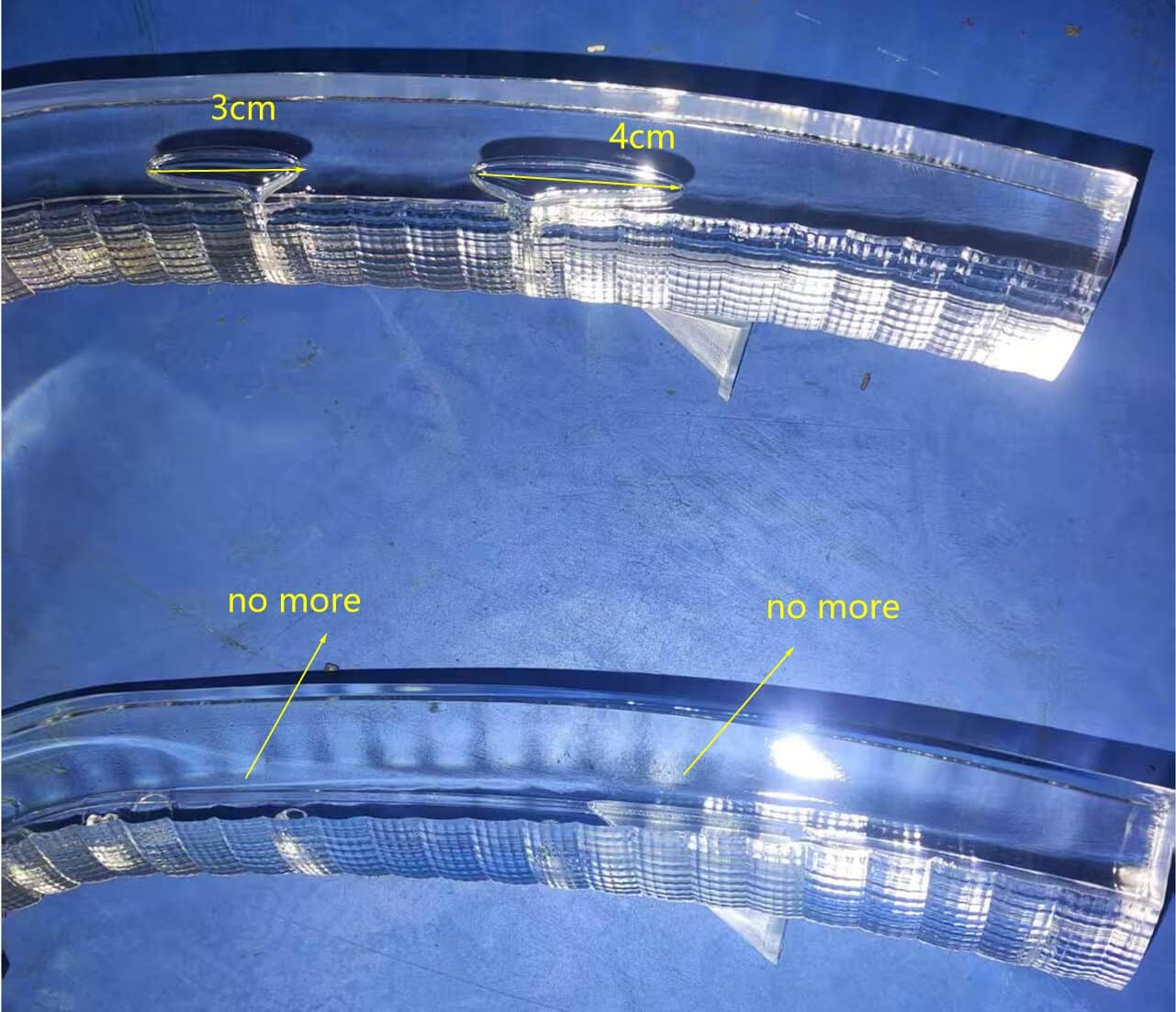 Before and after comparison of internal bubble elimination in thick wall PC injection molding