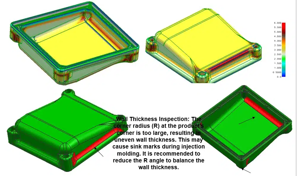Wall thickness scan showing red zones at corners